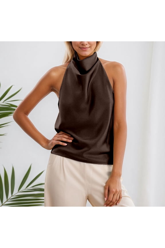 Women's Silk Satin Tank Tops Halter Draped Front Backless Tops (Brown L)