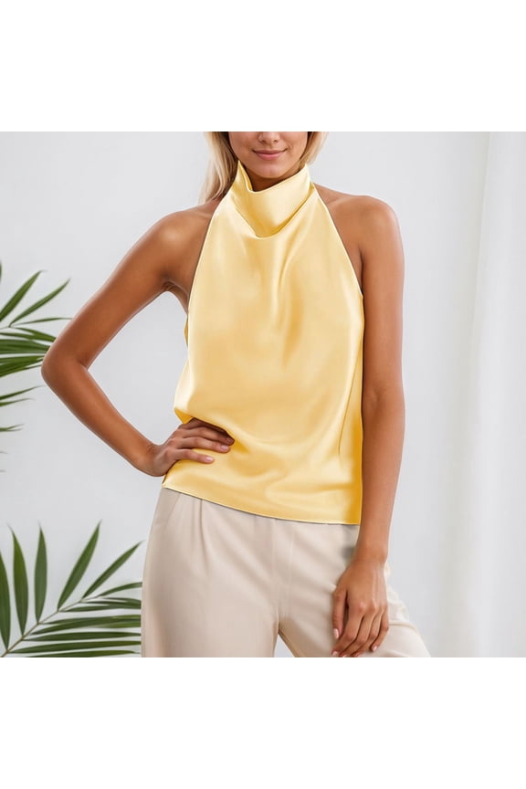 Women's Silk Satin Tank Tops Halter Draped Front Backless Tops (Yellow L)