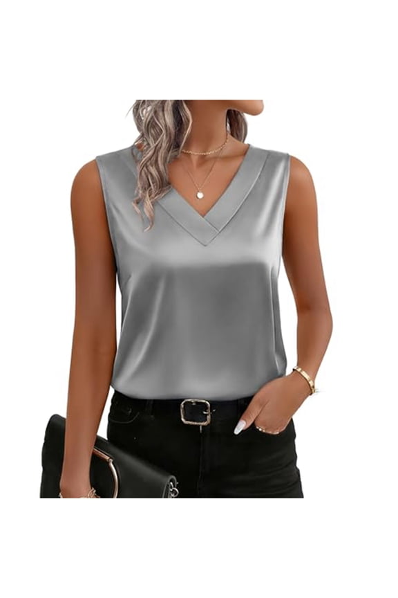 Women's Silk Satin Tank Tops Sleeveless Casual Camisoles V Neck Business Work Blouses Dressy Summer Shirts Silver L