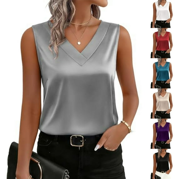 Women's Silk Satin Tank Tops V Neck Casual Camisoles Sleeveless Business Work Blouses Dressy Summer Shirts Beige L