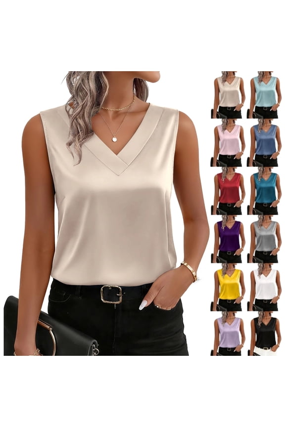 Women's Silk Satin Tank Tops V Neck Casual Camisoles Sleeveless Business Work Blouses Dressy Summer Shirts,Beige M