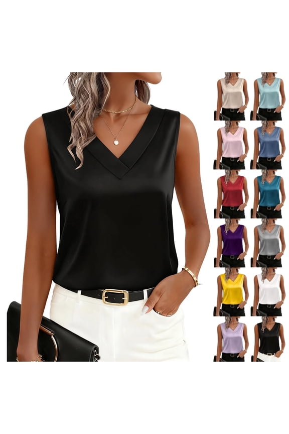 Women's Silk Satin Tank Tops V Neck Casual Camisoles Sleeveless Business Work Blouses Dressy Summer Shirts,Black XXL