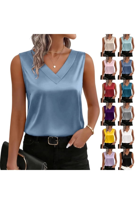 Women's Silk Satin Tank Tops V Neck Casual Camisoles Sleeveless Business Work Blouses Dressy Summer Shirts,Dark Blue XL