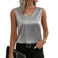 thumbnail image 1 of Women's Silk Satin Tank Tops V Neck Casual Camisoles Sleeveless Business Work Blouses Dressy Summer Shirts Silver S, 1 of 6