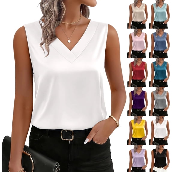 Women's Silk Satin Tank Tops V Neck Casual Camisoles Sleeveless Business Work Blouses Dressy Summer Shirts,White XXL