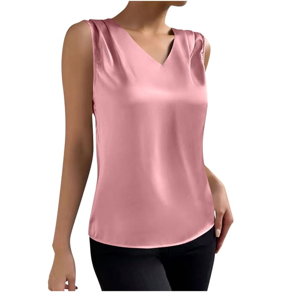 Women's Silk Satin Tank Tops V Neck Pleated Dressy Casual Sleeveless Blouses Summer Business Work Shirts Solid Color Tanks