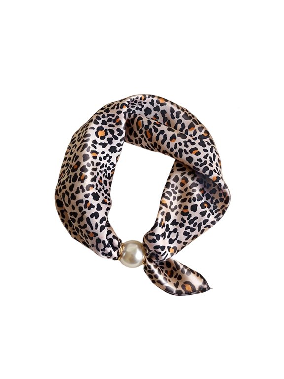 Women's Silk Scarf Leopard Print Pearl Button Neck Scarf Casual Daily