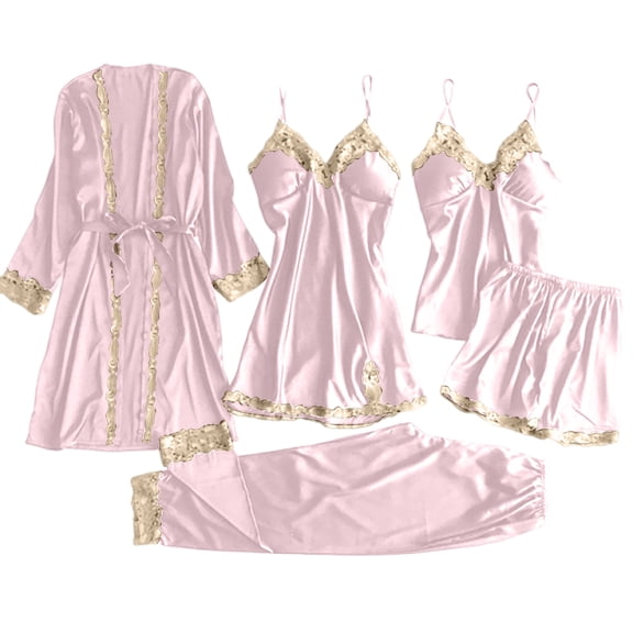 Women's Silk Sexy Camisole With Built-in Bra Gold Flower 5-Piece Thin Loungewear Set Pink Size S