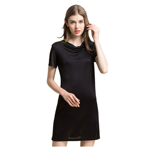 Women’s Silk Skirt Dress,Onepiece Skirt with Short Sleeves in One Color,Mulberry Silk,3 Colors(Black,S)