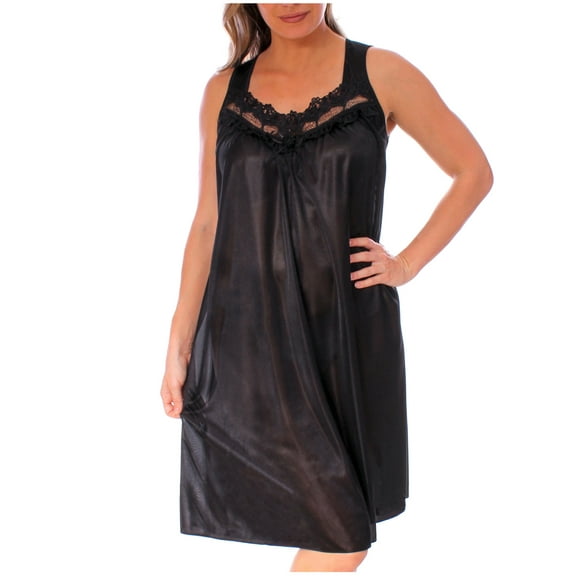 Women's Silky Feeling Sleeveless Nightgown with Embroidery Lace Floral Design, Black, Size 4XL