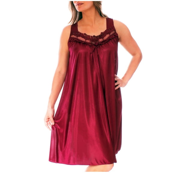 Women's Silky Feeling Sleeveless Nightgown with Embroidery Lace Floral Design, Wine, Size 4XL