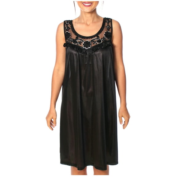 Women's Silky Feeling Sleeveless Sexy Nightgown with Sequins and Ribbon Roses, Black XXL