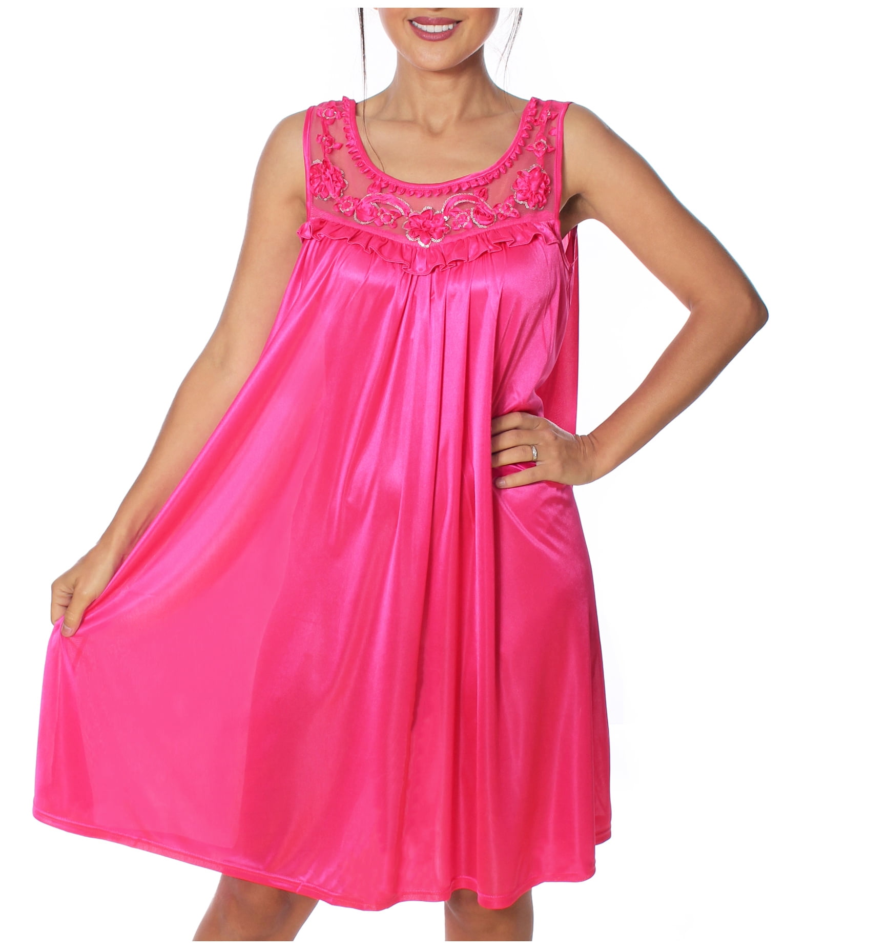 Womens Silky Feeling Sleeveless Sexy Nightgown With Sequins And Ribbon Roses Bright Pink Xxl 3901