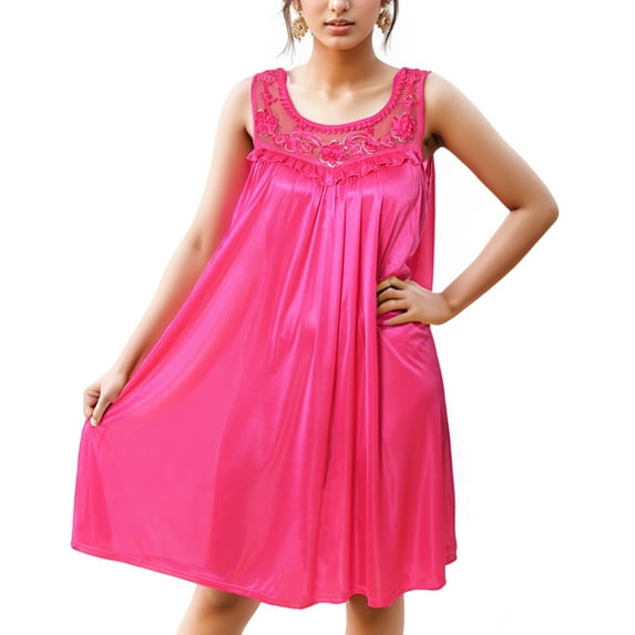Women's Silky Feeling Sleeveless Sexy Nightgown with Sequins and Ribbon Roses Design, Bright Pink XL