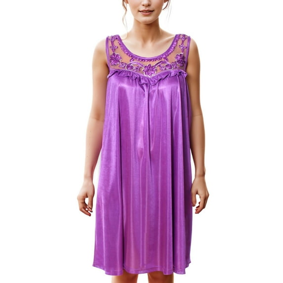 Women's Silky Feeling Sleeveless Sexy Nightgown with Sequins and Ribbon Roses Design, Purple 3XL
