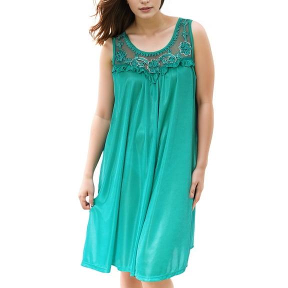 Women's Silky Feeling Sleeveless Sexy Nightgown with Sequins and Ribbon Roses Design, Teal 3XL