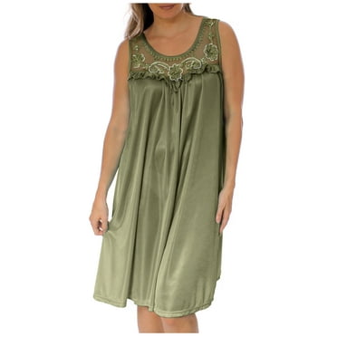 Women's Silky Feeling Sleeveless Sexy Nightgown with Sequins and Ribbon Roses, Olive Green Medium