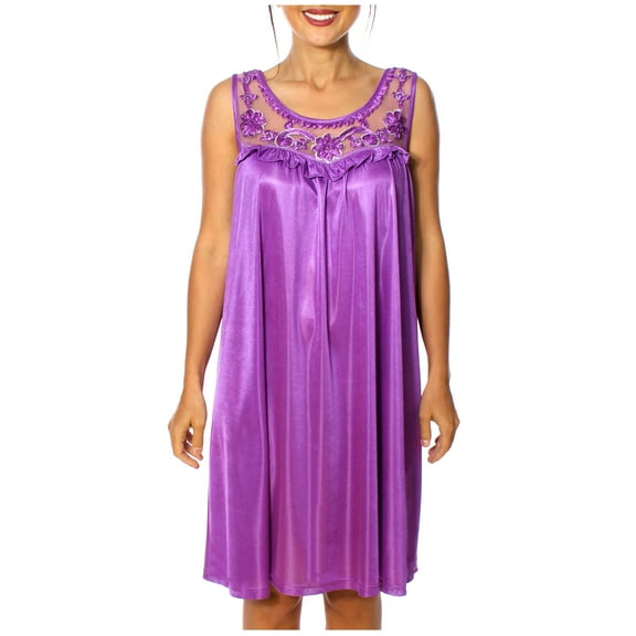Women's Silky Feeling Sleeveless Sexy Nightgown with Sequins and Ribbon Roses, Purple 4XL