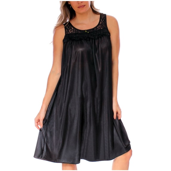 Women's Silky Feeling Sleeveless Tricot Nightgown with Floral Lace Design, Black, Size 4XL