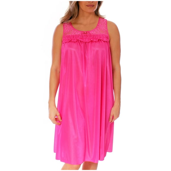 Women's Silky Feeling Sleeveless Tricot Nightgown with Floral Lace Design, Bright Pink, Size 3XL