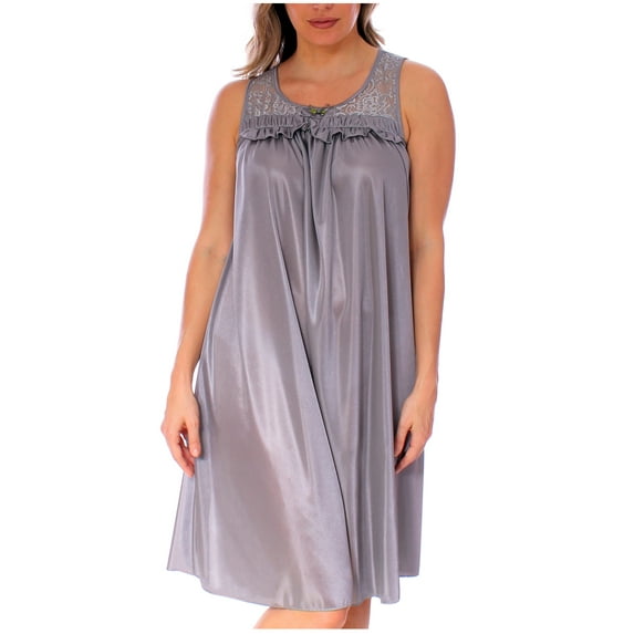 Women's Silky Feeling Sleeveless Tricot Nightgown with Floral Lace Design, Charcoal, Size 4XL