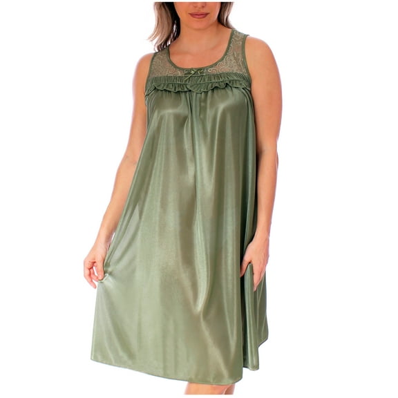 Women's Silky Feeling Sleeveless Tricot Nightgown with Floral Lace Design, Olive Green, Size 4XL