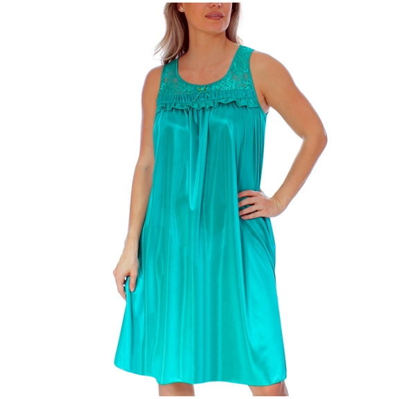Women's Silky Feeling Sleeveless Tricot Nightgown with Floral Lace Design, Teal, Size XL