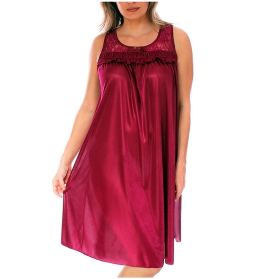 Women's Silky Feeling Sleeveless Tricot Nightgown with Floral Lace Design, Wine, Size Large