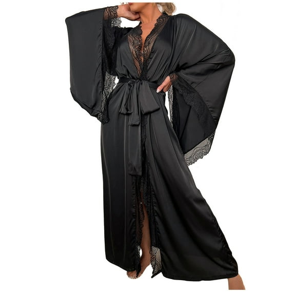 Women's Silky Kimono Robe with Feather Trim - Long Bathrobe with Tie - One Size Fits Most - Satin Material