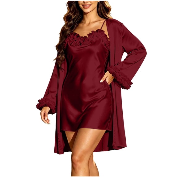 Women's Silky Satin 2-Piece Pajama Set with Robe - Ruffled Cami Sleepwear and Open Front Cardigan, Elegant Lounge Set for Bridal & Home