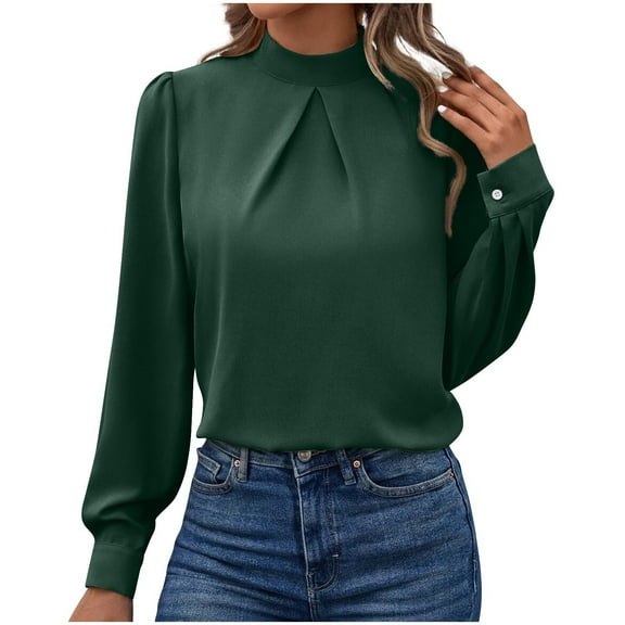Women's Silky Satin Long Sleeve Tops High Neck Dress Shirt Business Casual Dressy Blouses Solid Color (M, Army Green)