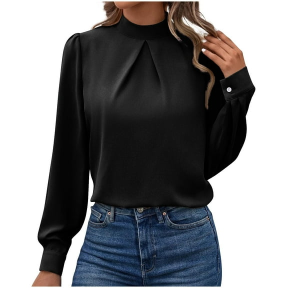 Women's Silky Satin Long Sleeve Tops High Neck Dress Shirt Business Casual Dressy Blouses Solid Color (M, Black)