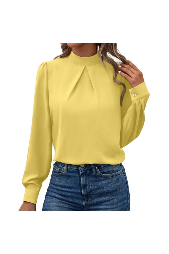 Women's Silky Satin Long Sleeve Tops High Neck Dress Shirt Business Casual Dressy Blouses Solid Color (M, Yellow)