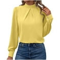 thumbnail image 1 of Women's Silky Satin Long Sleeve Tops High Neck Dress Shirt Business Casual Dressy Blouses Solid Color (XL, Yellow), 1 of 5