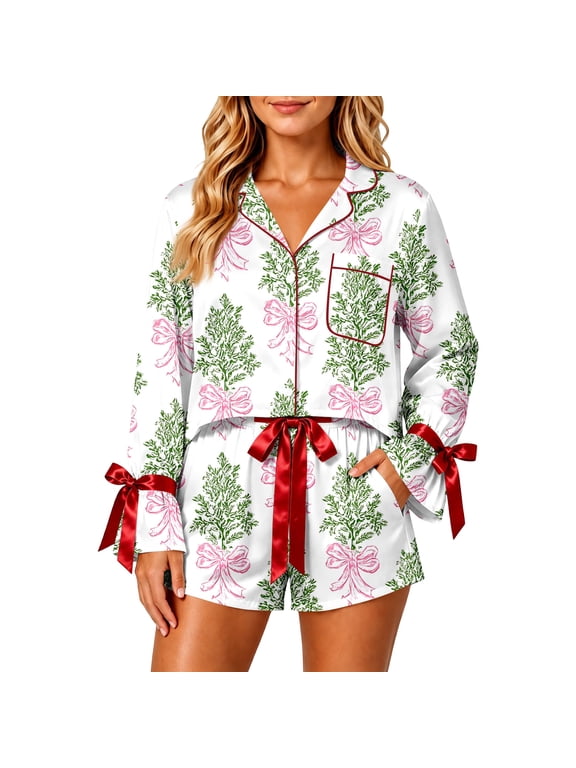 Women's Silky Satin Pajama Set, Christmas Tree Print Long Sleeve Shirt with Shorts 2 Piece Christmas Pjs Sets, Soft Silk Sleepwear Button-Down Top with Pocket, Green XXL