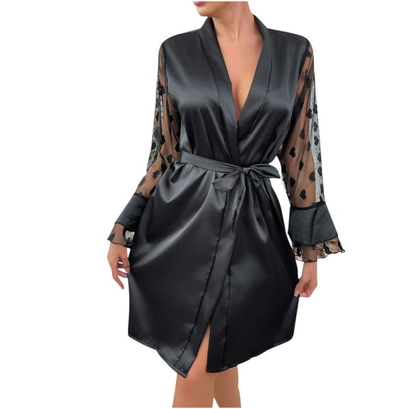 Women’s Silky Satin Robe – Heart Mesh Sleeve Nightgown with Fringe Cuffs (Luxurious Sheer Sleepwear for Bridesmaid or Romantic Nights)