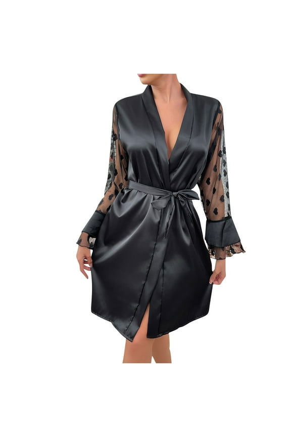 Women’s Silky Satin Robe – Heart Mesh Sleeve Nightgown with Fringe Cuffs (Luxurious Sheer Sleepwear for Bridesmaid or Romantic Nights)