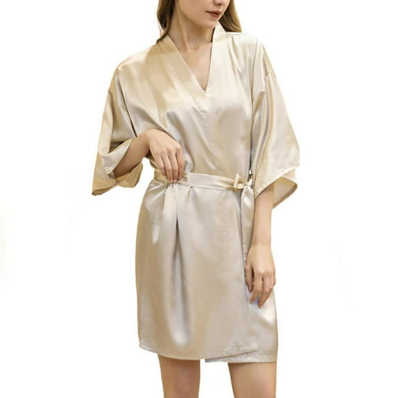 Women's Silky Satin Robe V-Neck 3/4 Sleeves Short Bathrobe Robe for Bride & Bridesmaids Wedding Party Sleepwear Soft Nightgown