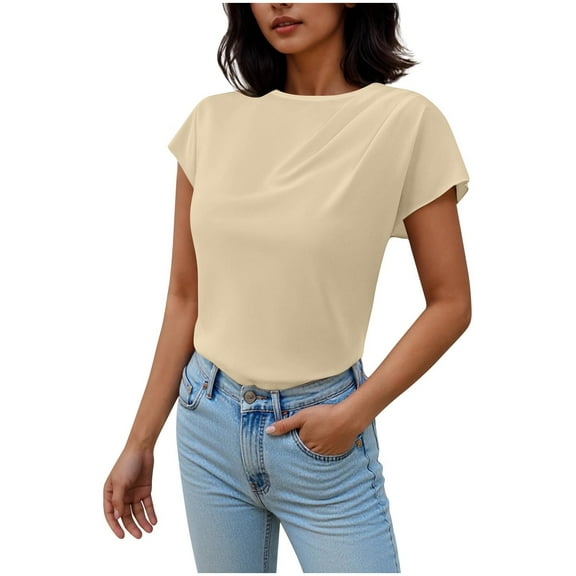 Women's Silky Satin Shirt Short Sleeve Boat Neck Dressy Casual Tops Solid Color Tshirts Summer Clothes (XS, Beige)