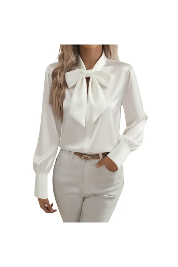Women's Silky Satin Shirts Bow Tie Collar Dressy Casual Blouses Long Sleeve Soft Work Business Office Tops (M, White)