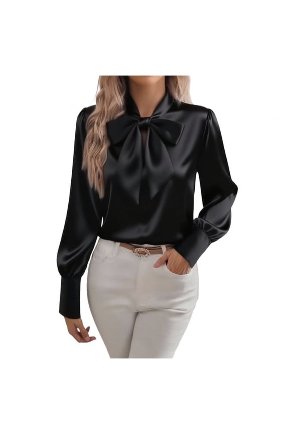 Women's Silky Satin Shirts Bow Tie Collar Dressy Casual Blouses Long Sleeve Soft Work Business Office Tops (XL, Black)