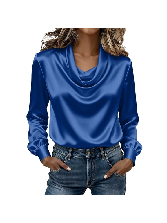 Women's Silky Satin Tops Office Smart Casual Puff Cuff Long Sleeve Blouse Cowl Neck Blouses for Women Blue 3XL