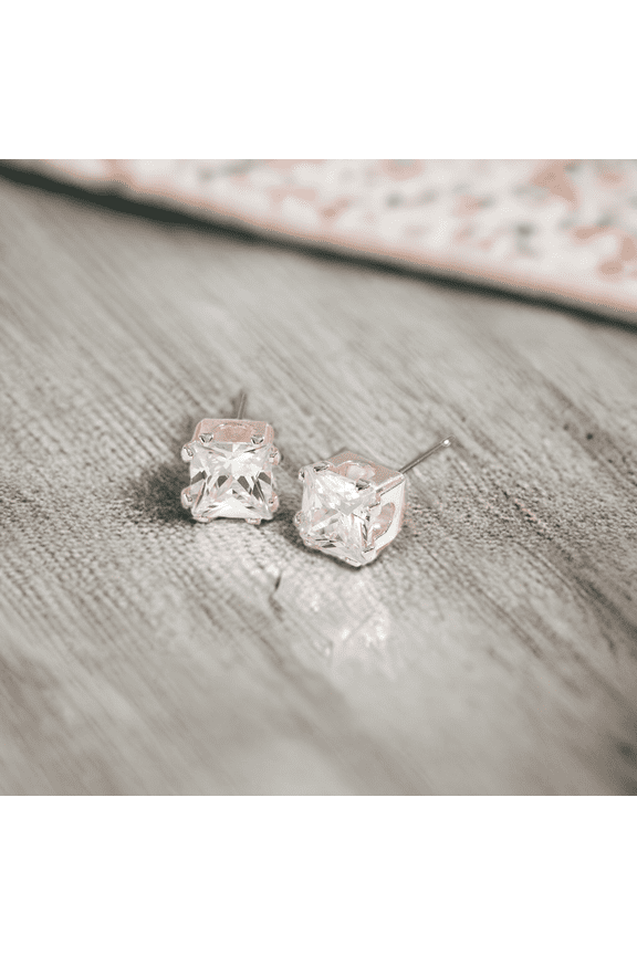 Women's Silver 6mm Large Square Cubic Zirconia Ear Sense Stud Earrings by Howard's