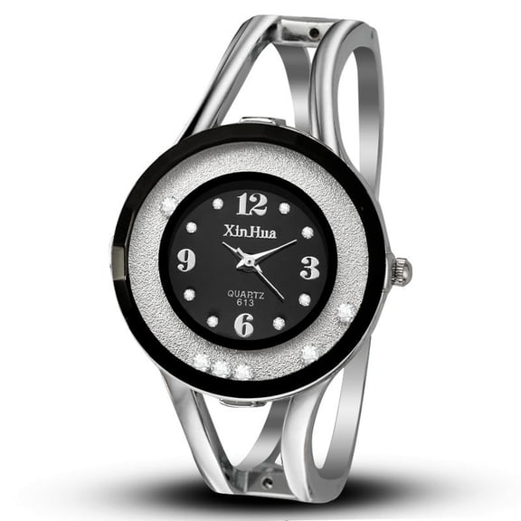 Women’s Silver Bangle Bracelet Watch with black Dial Crystal Decor Quartz Quartz Watch