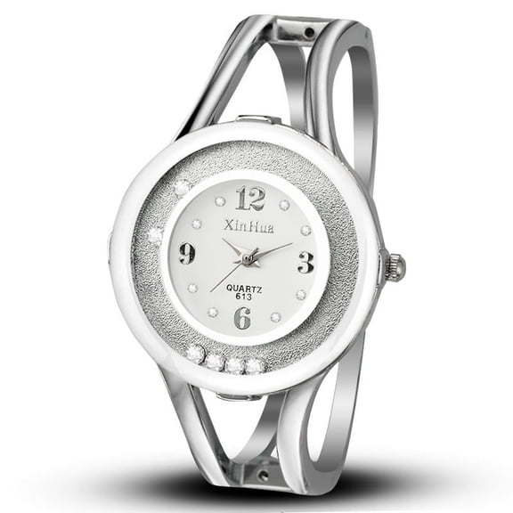 Women’s Silver Bangle Bracelet Watch with white Dial Crystal Decor Quartz Quartz Watch
