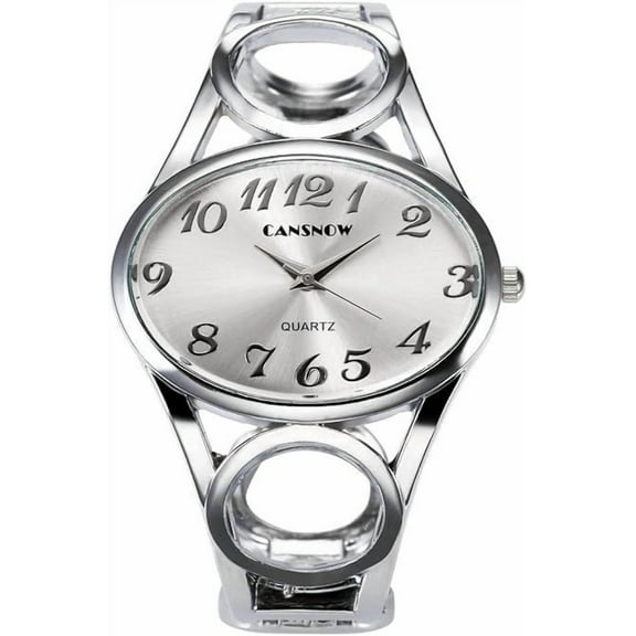 Women’s Silver Bangle Watch Stylish Oval Dial Cuff Watch Quartz Watch with Hollowed