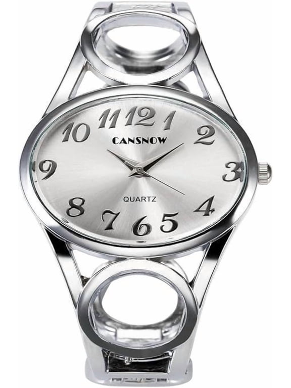 Women’s Silver Bangle Watch Stylish Oval Dial Cuff Watch Quartz Watch with Hollowed