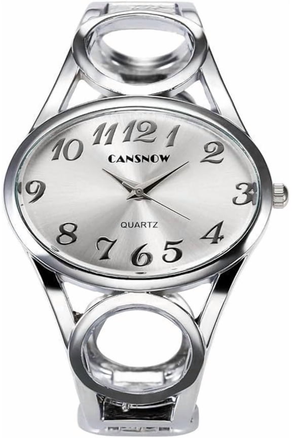 Women’s Silver Bangle Watch Stylish Oval Dial Cuff Watch Quartz Watch with Hollowed