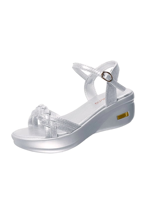 Women's Silver Braided Sandals Bohemian Style Rhinestone Buckle Ankle Strap Platform Heel Fashion Wedge Sandals Open Toe Open Toe Strap Elegant Shoes For Wedding Bridal Evening Cocktail