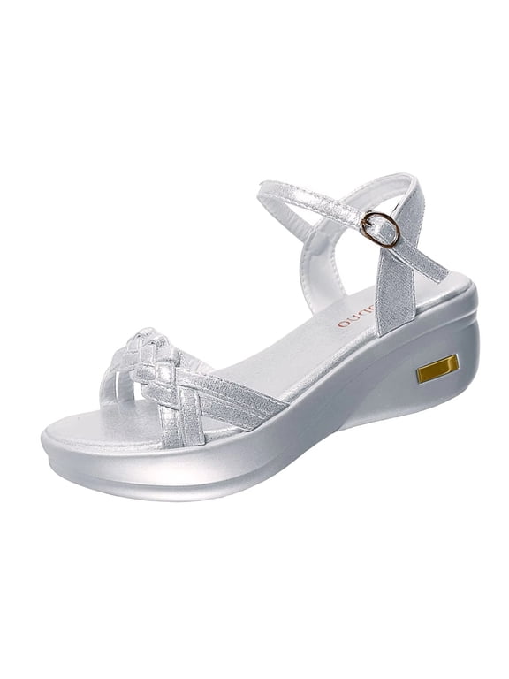 Women's Silver Braided Sandals Bohemian Style Rhinestone Buckle Ankle Strap Platform Heel Fashion Wedge Sandals Open Toe Open Toe Strap Elegant Shoes For Wedding Bridal Evening Cocktail